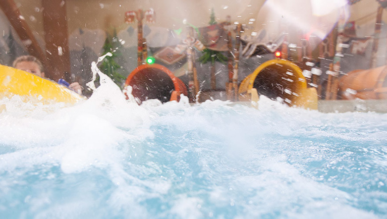 A view of end of the Alberta Falls ride at a Great Wolf Lodge indoor water park.